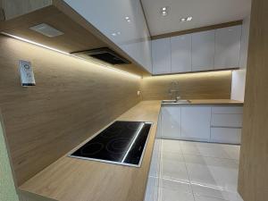 a kitchen with a stove in the middle of it at Belvedere Luxury Suite in Bojnice