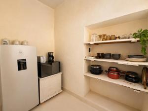 a kitchen with a refrigerator and shelves with pots and pans at Casas Balcón Gto in Guanajuato