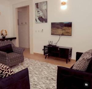 a living room with a couch and a tv on the wall at Vancovuer homes in Dodoma