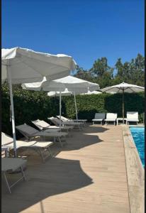 a deck with chairs and umbrellas next to a pool at GLAMPING by SUNBEAM in Leporano Marina