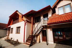 a house with a staircase in front of it at Vila Hubertus in Avrig