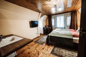 a bedroom with a bed and a sink and a television at Vila Hubertus in Avrig