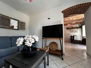 a living room with a blue couch and a tv at Casa Didavani 2-6 people in Belveglio
