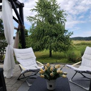 zwei Stühle und eine Vase mit Blumen auf einer Terrasse in der Unterkunft ForRest Spa Apartment - Private Jacuzzi & Sauna in Ravna Gora