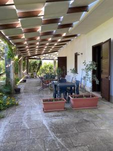 a patio with a table and potted plants under awning at Agriturismo Monte degli Angeli in Serrano +63 photos