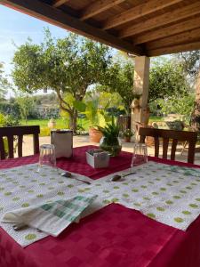 a table with a red and white table cloth on it at Agriturismo Monte degli Angeli in Serrano