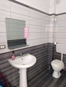 a bathroom with a sink and a toilet and a mirror at Jasmine Apartments in Velipojë