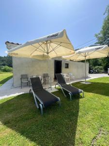 a group of chairs and umbrellas on the grass at Casa CABAÑA in Riaño