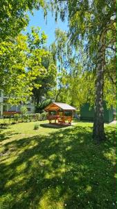 a gazebo in a park with a tree at Fonyódi Süllő Garzon in Fonyód