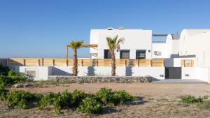 a white house with palm trees in front of it at Aerial Villas in Imerovigli