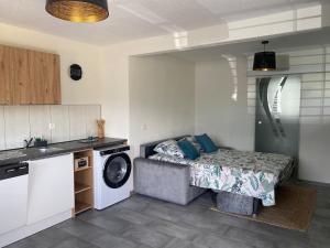 a small kitchen with a bed and a washing machine at Studio Redin in Savièse