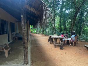 a group of people sitting at a table in the woods at Nimansala Eco Resort in Parakaduwa +7 photos