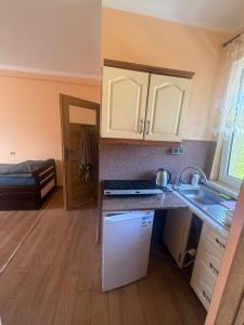 a small kitchen with a sink and a refrigerator at Kuźnia Międzylesie in Międzylesie