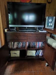 a television on a wooden entertainment center with dvds at Ferienhaus am Edersee in Vöhl