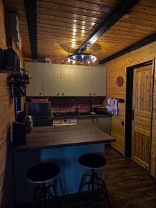 a kitchen with a counter and two bar stools at Kuća za odmor Štefi in Donji Koncovčak