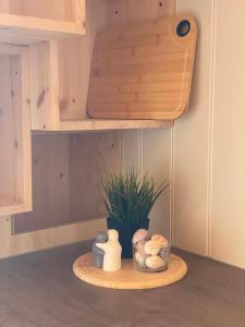 a wooden shelf with a potted plant on a table at Bird Nest in Bømlo