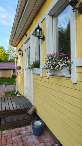 a yellow house with two windows and flower boxes at Inka's Guesthouse in Alavus