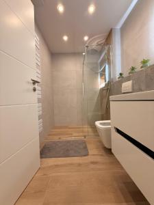 a bathroom with a glass shower and a toilet at RM Apartaments in Bochum