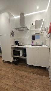 a small kitchen with a sink and a refrigerator at Ferienzimmer Saarlouis in Saarlouis