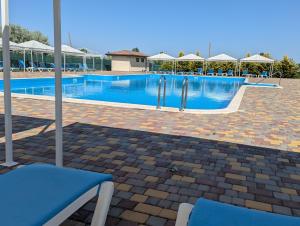 a large swimming pool with chairs and umbrellas at Promenad San in Dobrovelychkivka