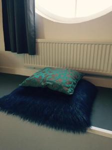 
a pillow on a bed with a window at Independent Apartment Spaarne in Haarlem
