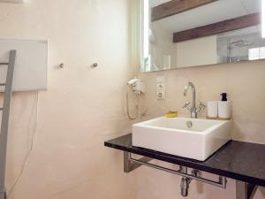 a bathroom with a white sink and a mirror at Charming chalet with Pond in Kortessem in Tongeren +31 photos