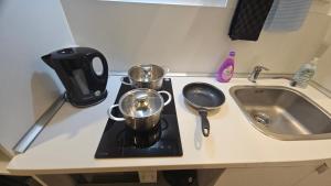 a kitchen counter with two pots and a sink at Ferienzimmer Saarlouis in Saarlouis