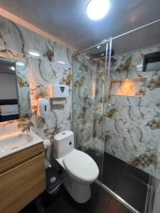a bathroom with a toilet and a shower and a sink at ZIG ZAG Hospedaje in Tocancipá +30 photos