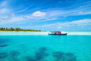 a boat in the water near a beach at Amazonite Maldives in Thulusdhoo