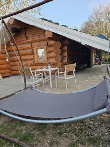 a swing in front of a log cabin at Eco Retreat Saunahaus in Putgarten