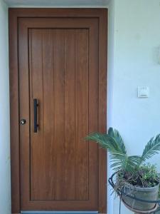 a wooden door with a potted plant in front of it at IVY Traditional House in Amigdhaleón