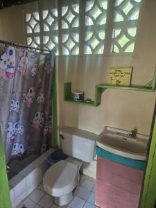 a bathroom with a toilet and a sink and a window at Cabañas T Estefany in Bocas Town