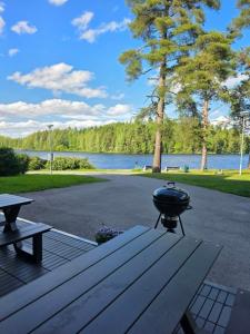 a grill sitting on a picnic table next to a lake at Kylpylä-Hotelli 364 in Ikaalinen