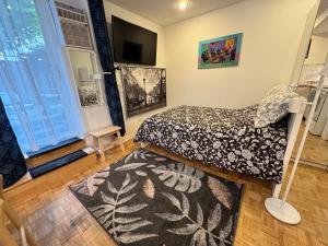 a bedroom with a bed and a rug at Montreal Hideaway in a Residential area in Montreal