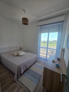 una camera da letto con un letto e una grande finestra di Pubble beach apartment a Fossacesia