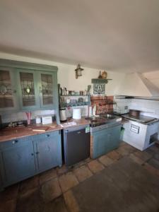 a large kitchen with blue cabinets and appliances at Agroturystyka Kalina Wielka in Kalina Wielka
