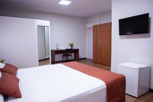 a bedroom with a bed and a desk and a television at Petrolina Palace Hotel in Petrolina