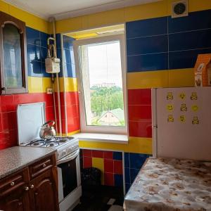 a kitchen with a stove and a window at Central apartments in Sumy