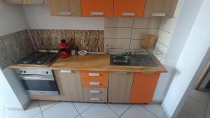 a small kitchen with a sink and a stove at Dana in Piteşti