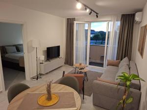a living room with a couch and a tv and a bed at Silver 2 & SPA in Veliko Gradište