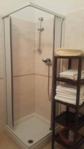 a shower with a glass door and a stack of towels at B&B Il Girasole in Camigliatello Silano