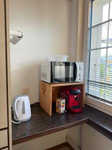 a kitchen counter with a microwave and a window at Helle Wohnung nahe Bern in Worb