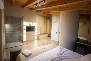 a bedroom with a shower and a bed in a room at Kruja Gate in Krujë