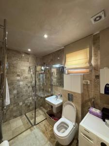 a bathroom with a toilet and a sink and a shower at Azure Residence in Pržno +18 photos