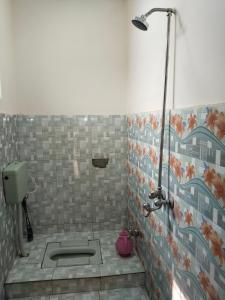 a bathroom with a shower with a tile wall at Hotel Ravi Park Lahore in Lahore