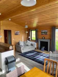a living room with a couch and a fireplace at Shepherds Lodge in Shiel Bridge