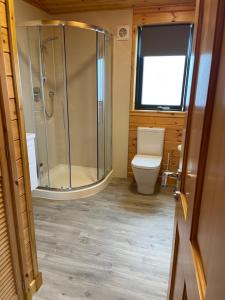 a bathroom with a shower and a toilet at Shepherds Lodge in Shiel Bridge +7 photos