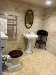 a bathroom with a toilet and a sink and a mirror at Semeil Farm Holiday Lets in Strathdon +40 photos
