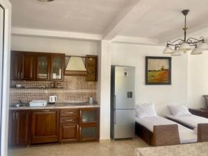 a kitchen with a refrigerator and a couch in it at TALi in Ulcinj