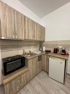 a kitchen with wooden cabinets and a microwave and a sink at Dream Catcher3 in Agia Theodoti